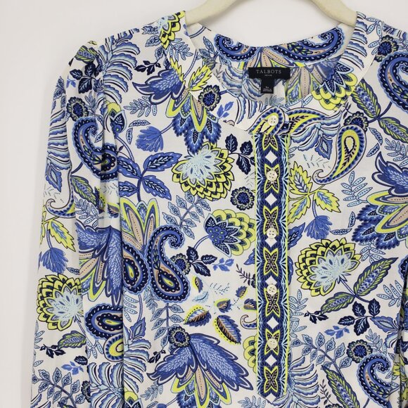 Talbots Paisley Floral Print Popover Top SP Long Sleeve Blouse Henley Blue White - Picture 6 of 12